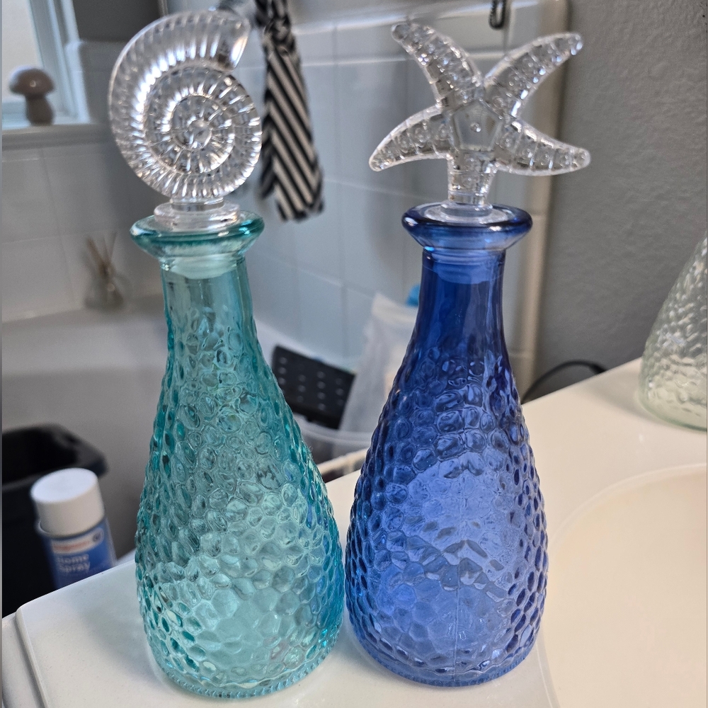 2 Nautical Decor Blue Glass Starfish Seashell Ocean Theme Bottles